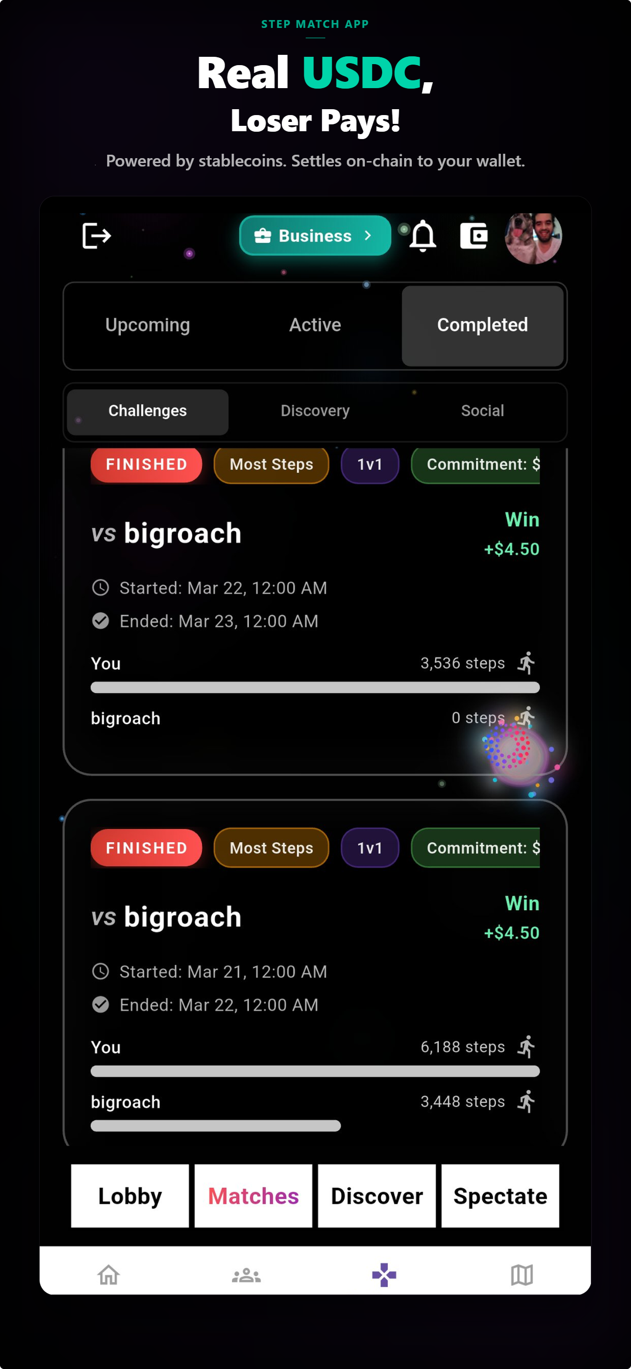 Lucilla app — Real USDC wins with +$4.50 1v1 step match payout, settled on-chain